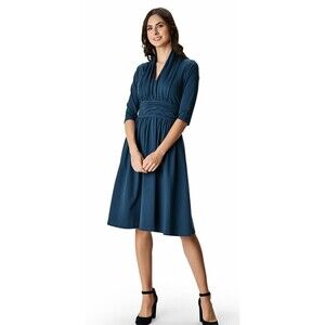 EShakti Custom Dress Teal Blue V-neck Gathered Waist Shift Dress Size L